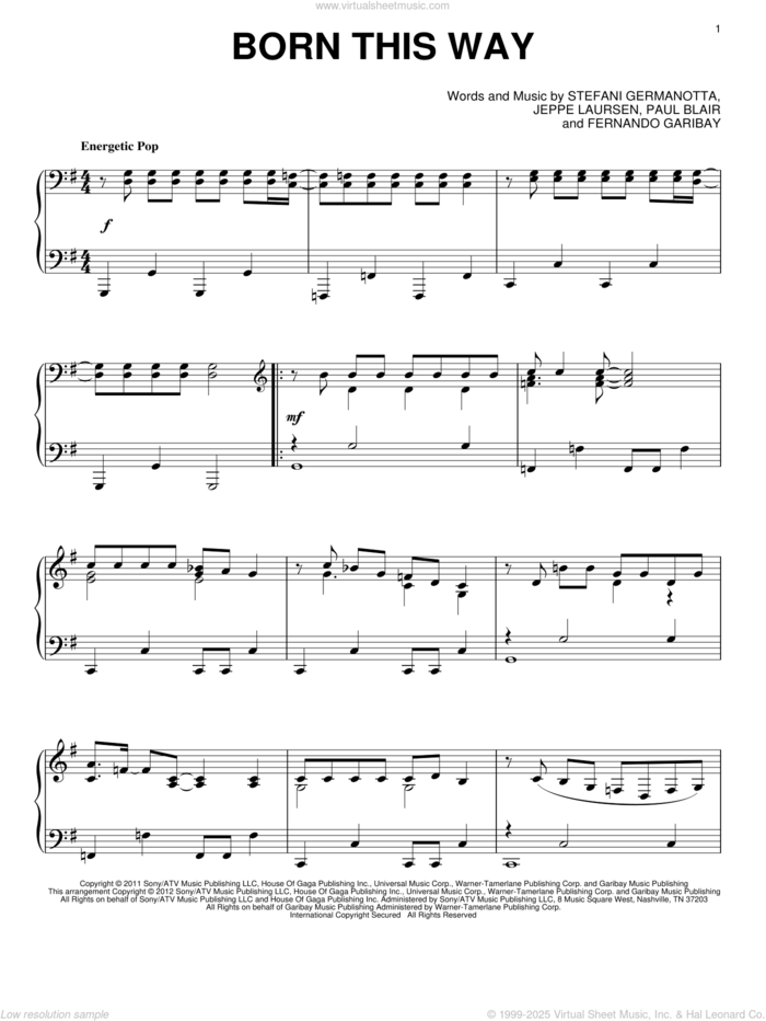 Born This Way, (intermediate) sheet music for piano solo by Lady Gaga and Paul Blair, intermediate skill level