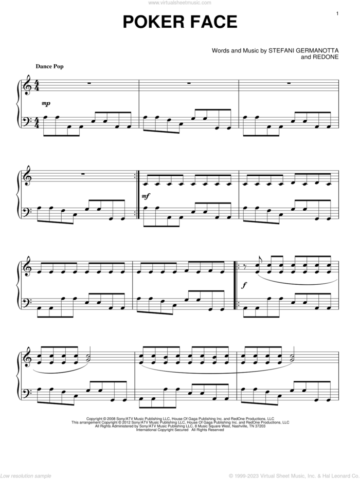 Poker Face sheet music for piano solo by Lady Gaga and Glee Cast, intermediate skill level