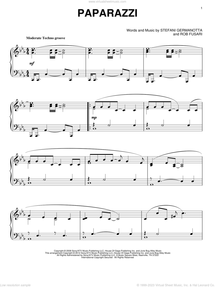 Paparazzi, (intermediate) sheet music for piano solo by Lady Gaga, intermediate skill level