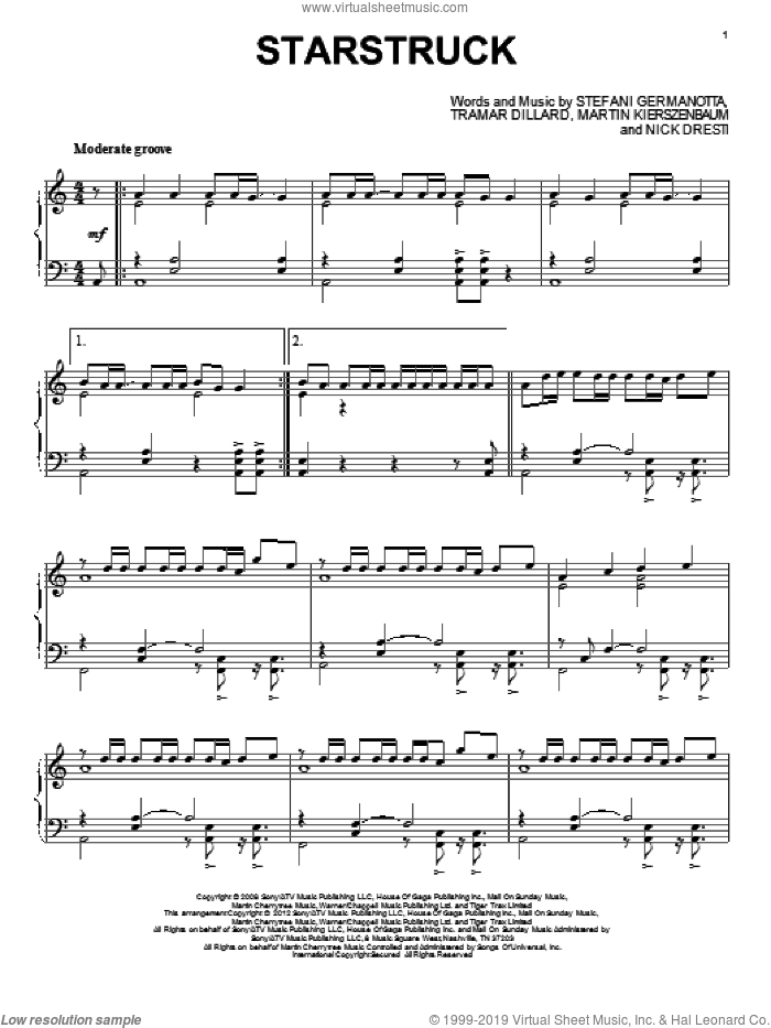 Starstruck sheet music for piano solo by Lady Gaga, intermediate skill level