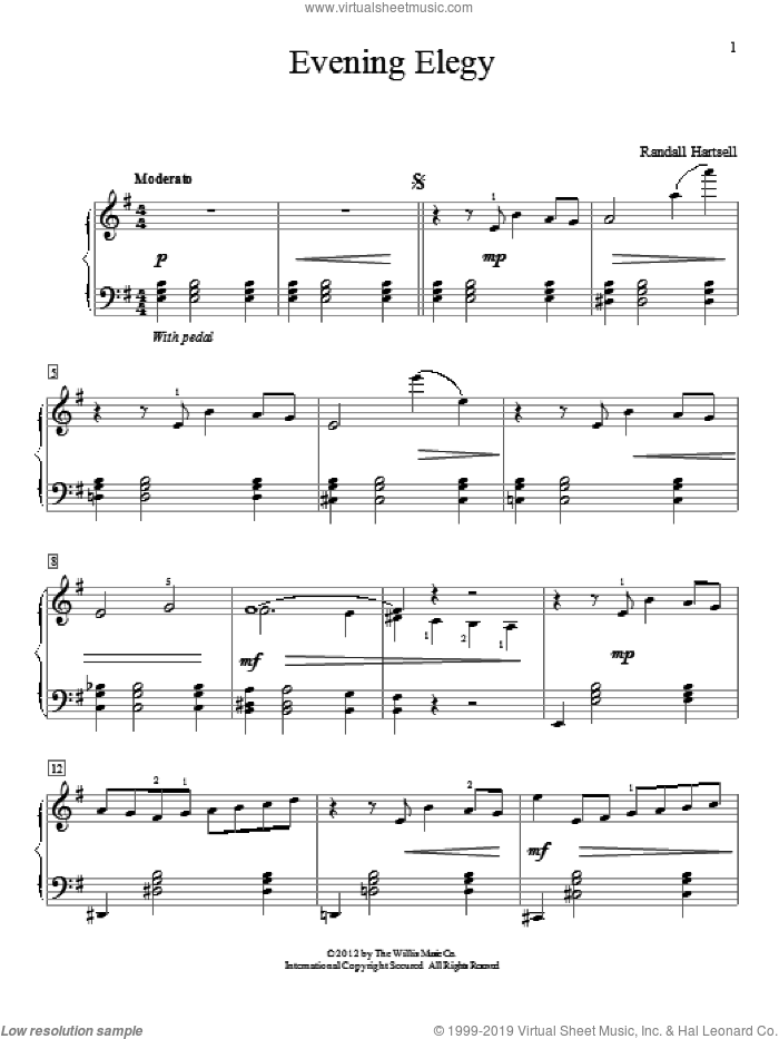 Evening Elegy sheet music for piano solo (elementary) by Randall Hartsell, beginner piano (elementary)