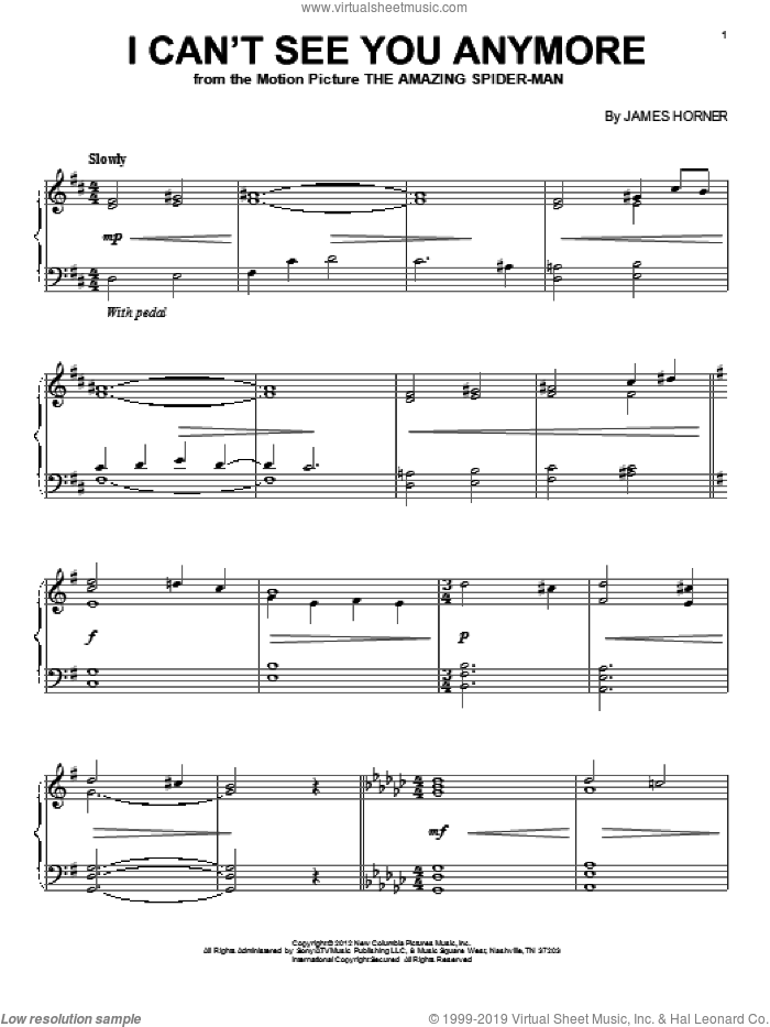 I Can't See You Anymore sheet music for piano solo by James Horner and The Amazing Spider Man (Movie), intermediate skill level