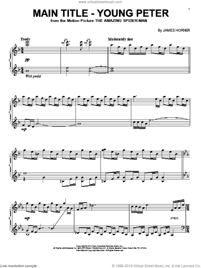 Main Title - Young Peter sheet music for piano solo by James Horner and The Amazing Spider Man (Movie), intermediate skill level