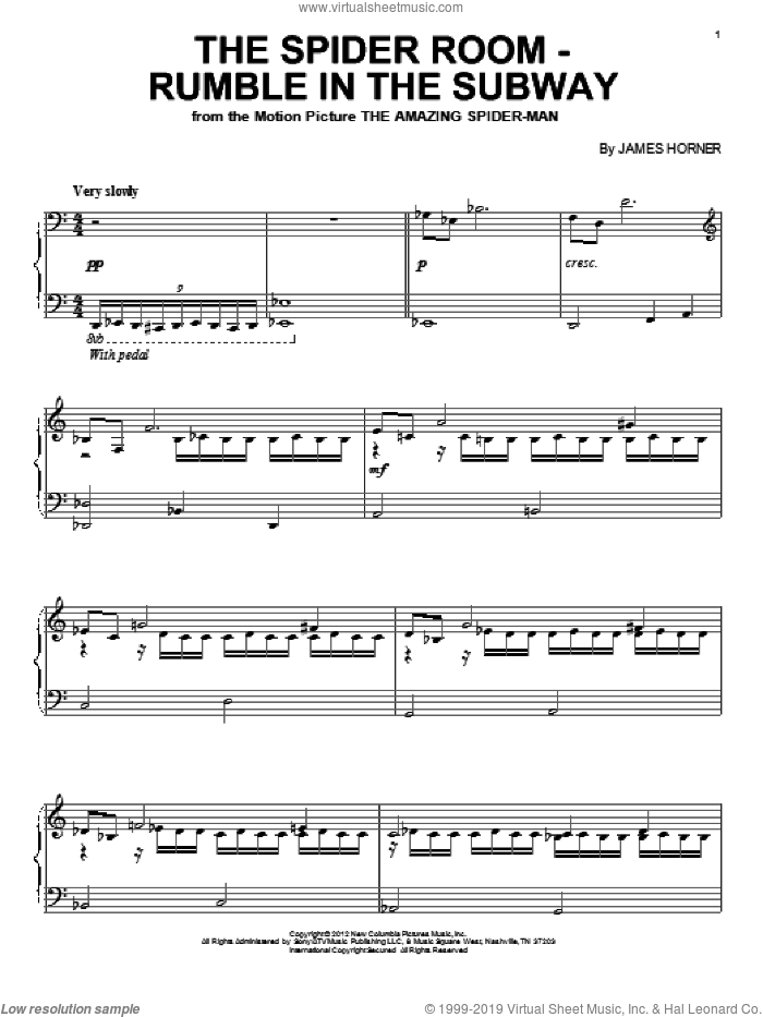 The Spider Room - Rumble In The Subway sheet music for piano solo by James Horner and The Amazing Spider Man (Movie), intermediate skill level