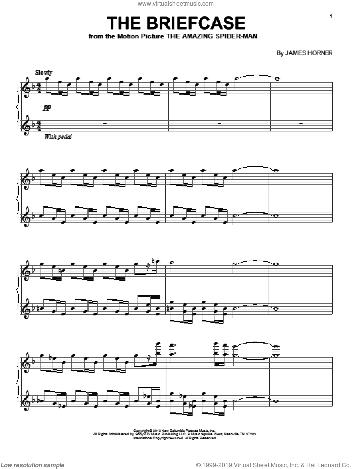 The Briefcase sheet music for piano solo by James Horner and The Amazing Spider Man (Movie), intermediate skill level