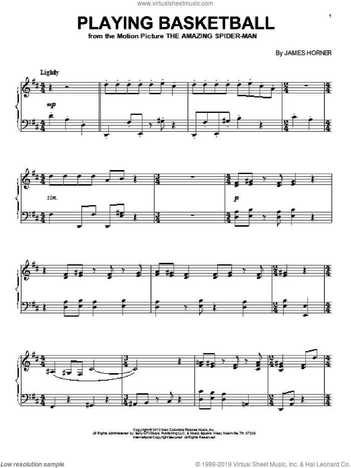 Playing Basketball sheet music for piano solo by James Horner and The Amazing Spider Man (Movie), intermediate skill level