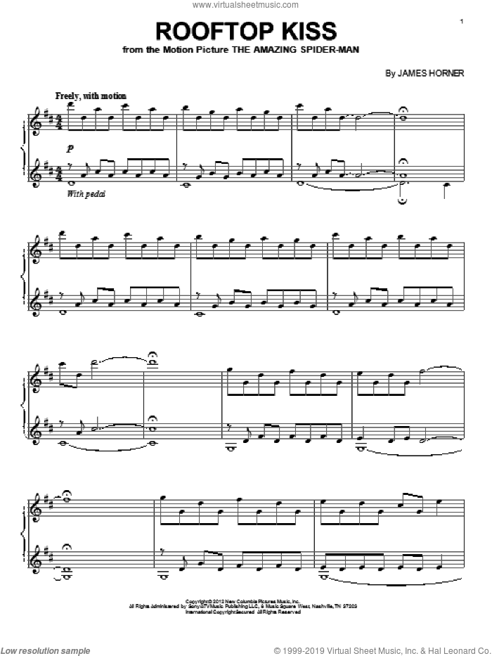 Rooftop Kiss sheet music for piano solo by James Horner and The Amazing Spider Man (Movie), intermediate skill level