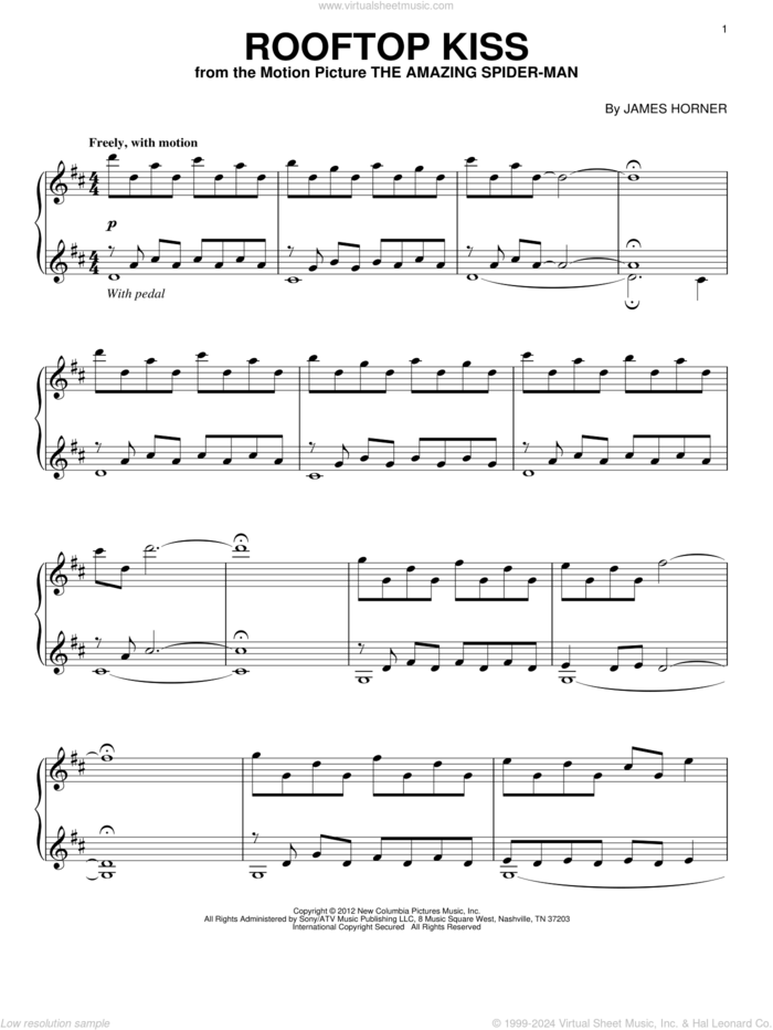 Rooftop Kiss sheet music for piano solo by James Horner and The Amazing Spider Man (Movie), intermediate skill level