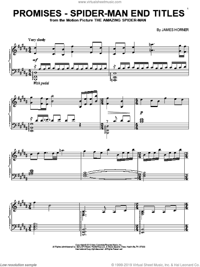 Promises (from The Amazing Spider-Man End Titles) sheet music for piano solo by James Horner and The Amazing Spider Man (Movie), intermediate skill level