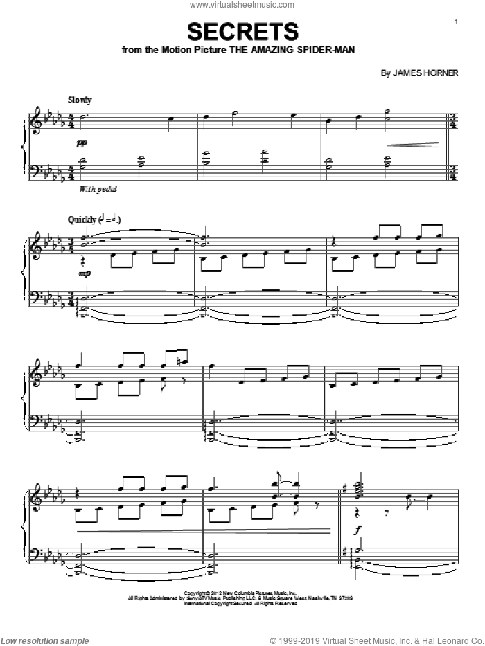 Secrets sheet music for piano solo by James Horner and The Amazing Spider Man (Movie), intermediate skill level