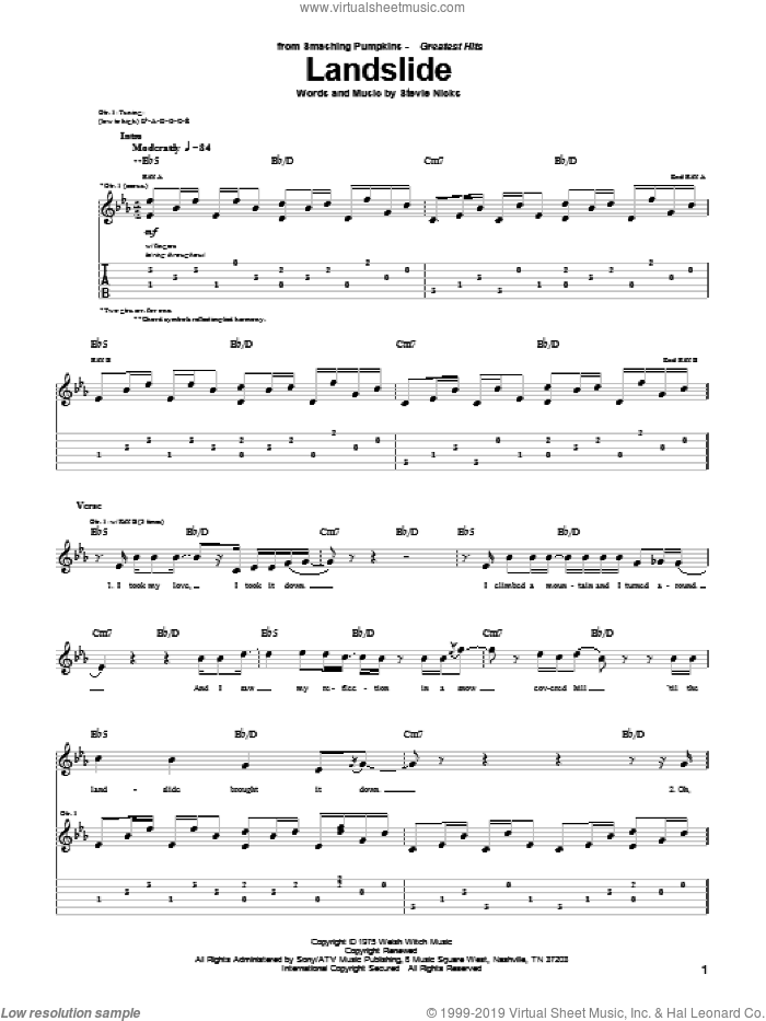 Landslide sheet music for guitar (tablature) by The Smashing Pumpkins, Fleetwood Mac and Stevie Nicks, intermediate skill level