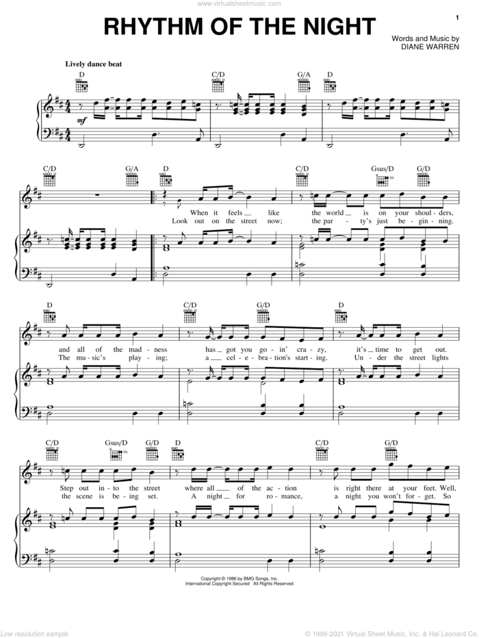 Rhythm Of The Night sheet music for voice, piano or guitar by DeBarge and Diane Warren, intermediate skill level