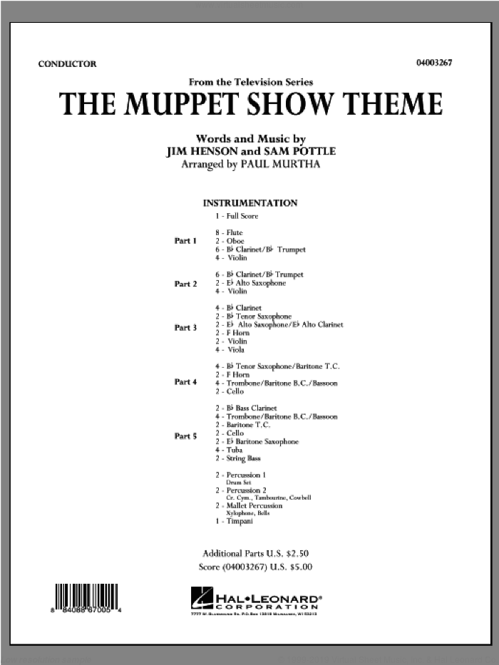 The Muppet Show Theme (COMPLETE) sheet music for concert band by Jim Henson, Sam Pottle and Paul Murtha, intermediate skill level