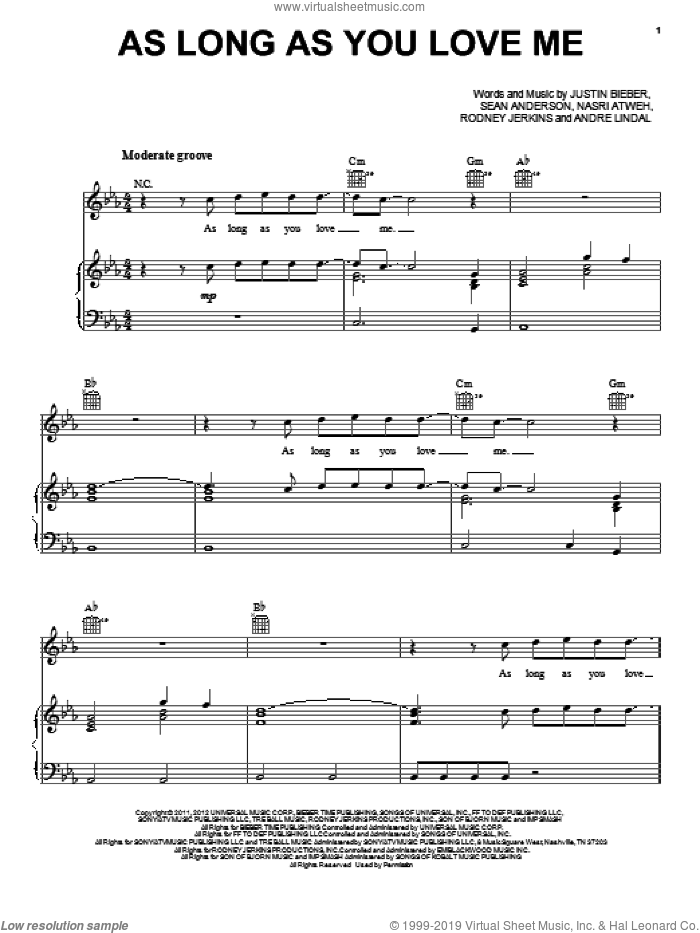 As Long As You Love Me sheet music for voice, piano or guitar by Justin Bieber, intermediate skill level
