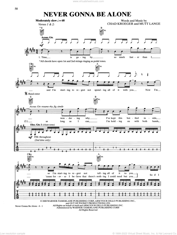 Never Gonna Be Alone sheet music for guitar (tablature) by Nickelback and Chad Kroeger, intermediate skill level