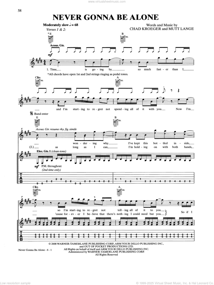 Never Gonna Be Alone sheet music for guitar (tablature) by Nickelback and Chad Kroeger, intermediate skill level