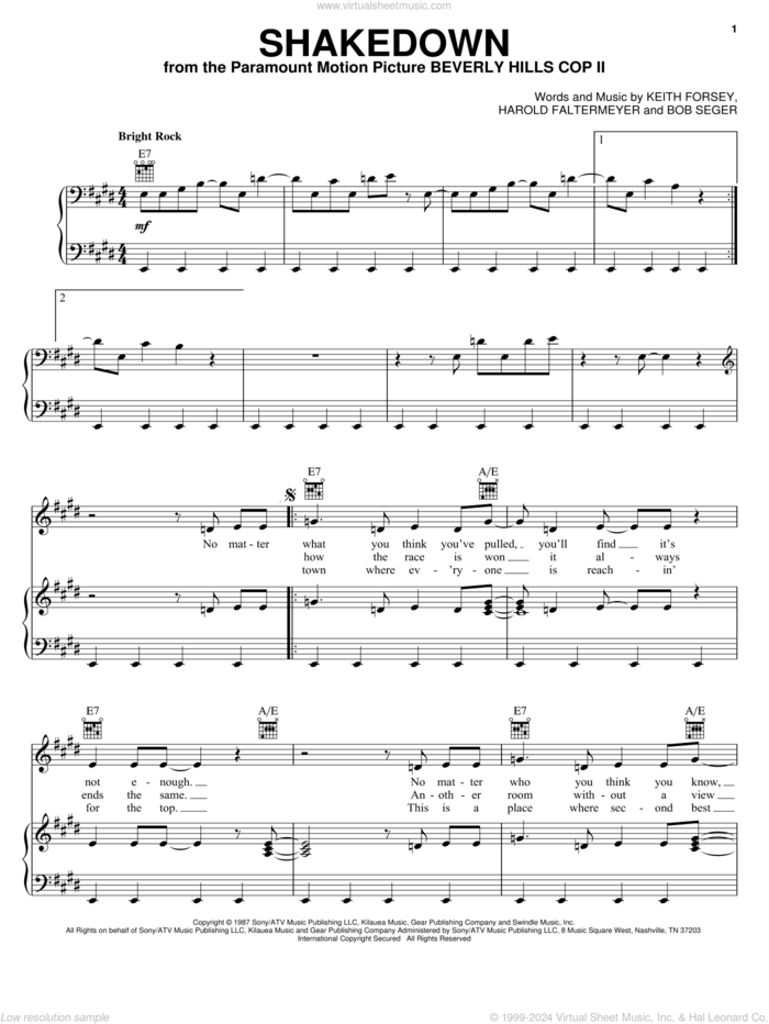 Shakedown sheet music for voice, piano or guitar by Bob Seger, Harold Faltermeyer and Keith Forsey, intermediate skill level