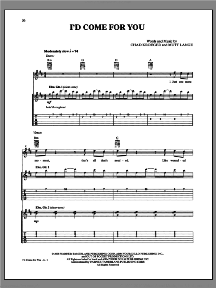I'd Come For You sheet music for guitar (tablature) by Nickelback and Chad Kroeger, intermediate skill level