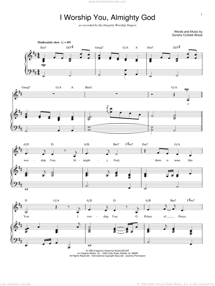 I Worship You, Almighty God sheet music for voice and piano by Sondra Corbett-Wood, intermediate skill level