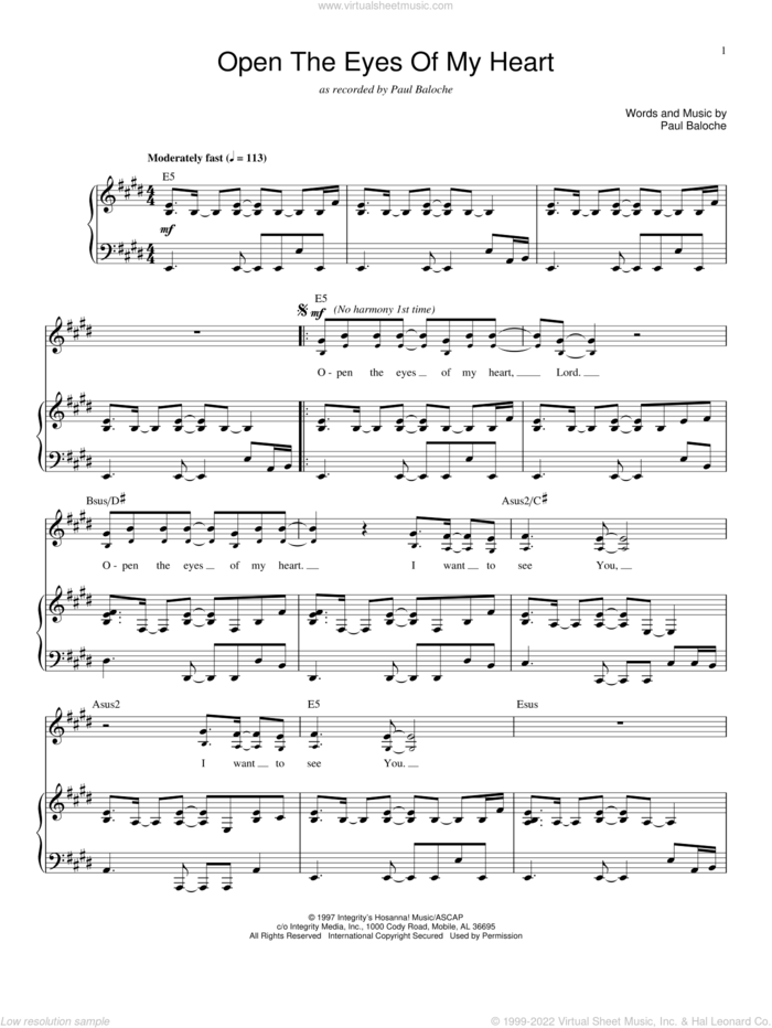 Open The Eyes Of My Heart sheet music for voice and piano by Paul Baloche and Sonicflood, intermediate skill level