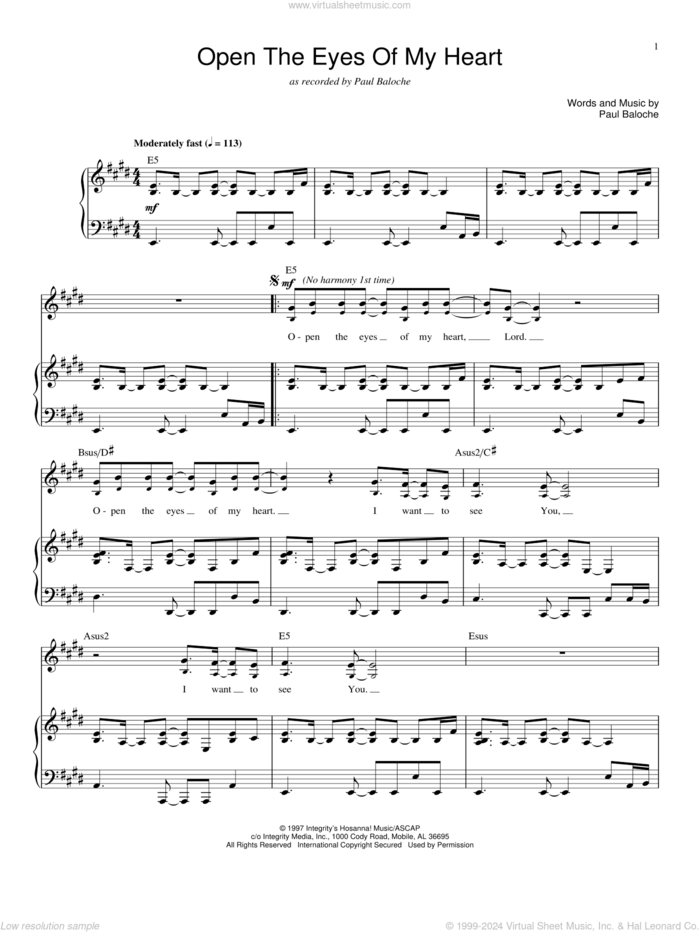 Open The Eyes Of My Heart sheet music for voice and piano by Paul Baloche and Sonicflood, intermediate skill level