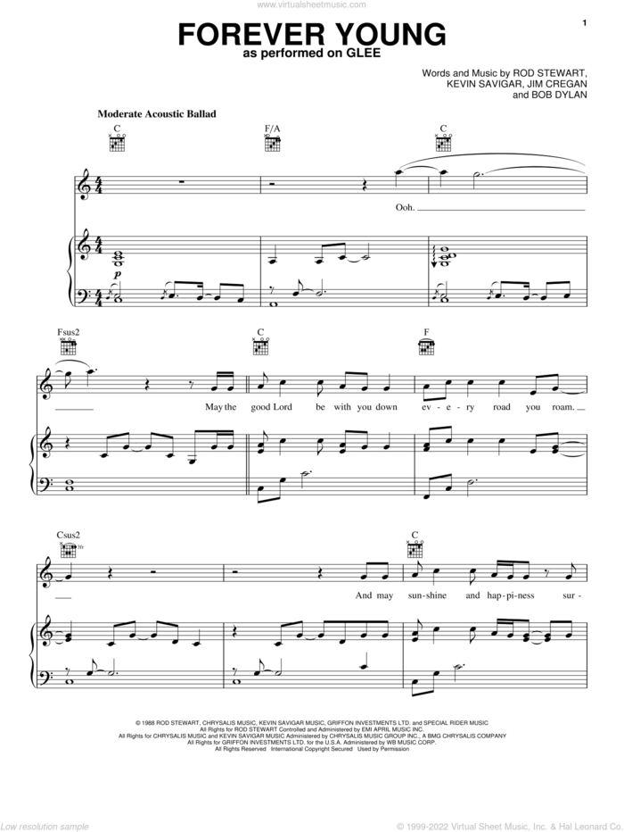 Forever Young sheet music for voice, piano or guitar by Glee Cast and Rod Stewart, intermediate skill level