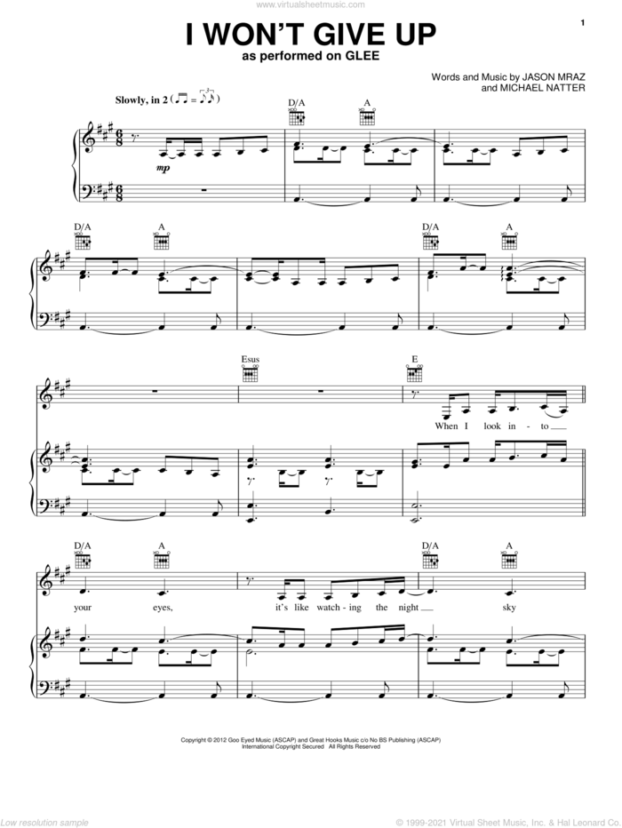 I Won't Give Up sheet music for voice, piano or guitar by Glee Cast and Jason Mraz, intermediate skill level