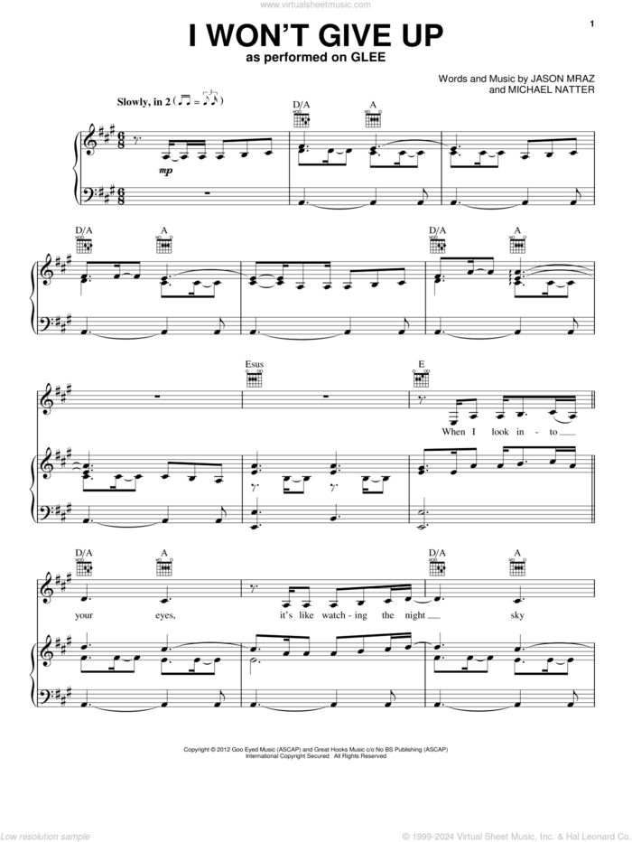 I Won't Give Up sheet music for voice, piano or guitar by Glee Cast and Jason Mraz, wedding score, intermediate skill level
