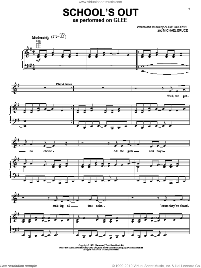 School's Out sheet music for voice, piano or guitar by Glee Cast and Alice Cooper, intermediate skill level