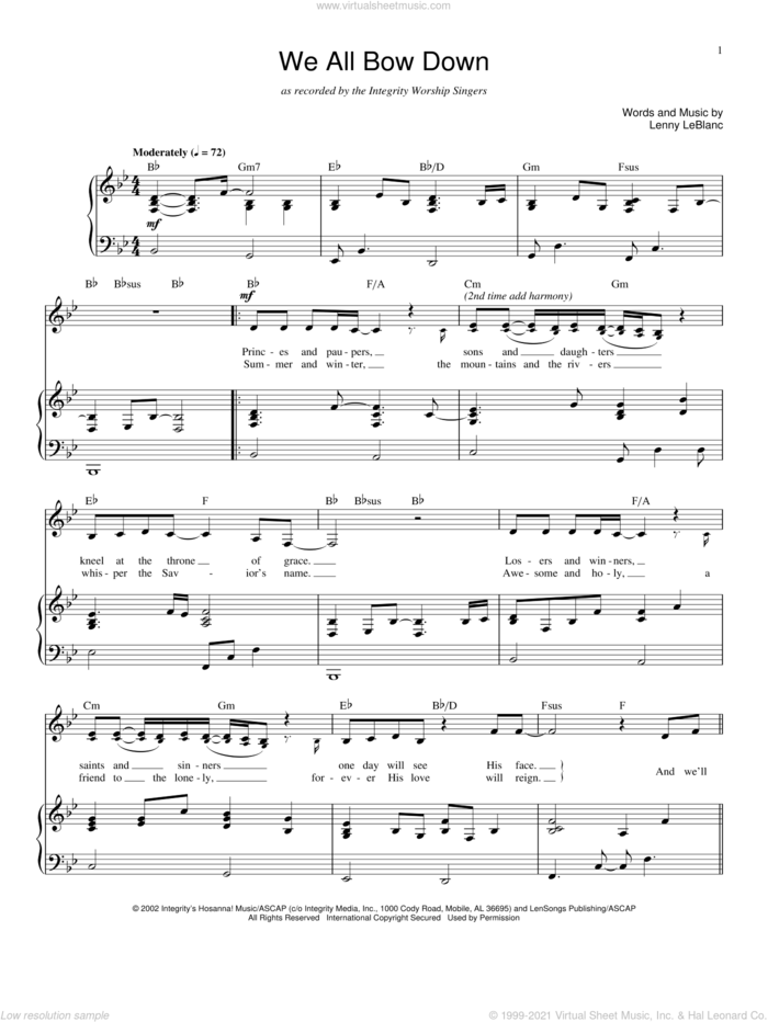 We All Bow Down sheet music for voice and piano by Twila Paris and Lenny LeBlanc, intermediate skill level