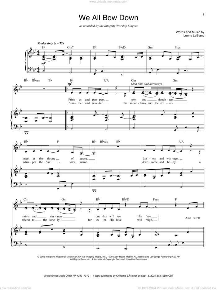 We All Bow Down sheet music for voice and piano by Twila Paris and Lenny LeBlanc, intermediate skill level