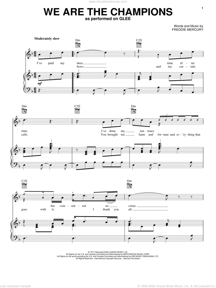 We Are The Champions sheet music for voice, piano or guitar by Glee Cast, Freddie Mercury and Queen, intermediate skill level