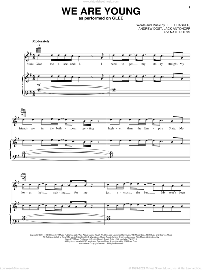 We Are Young sheet music for voice, piano or guitar by Glee Cast, Andrew Dost, Fun, Jack Antonoff, Jeff Bhasker and Nate Ruess, intermediate skill level