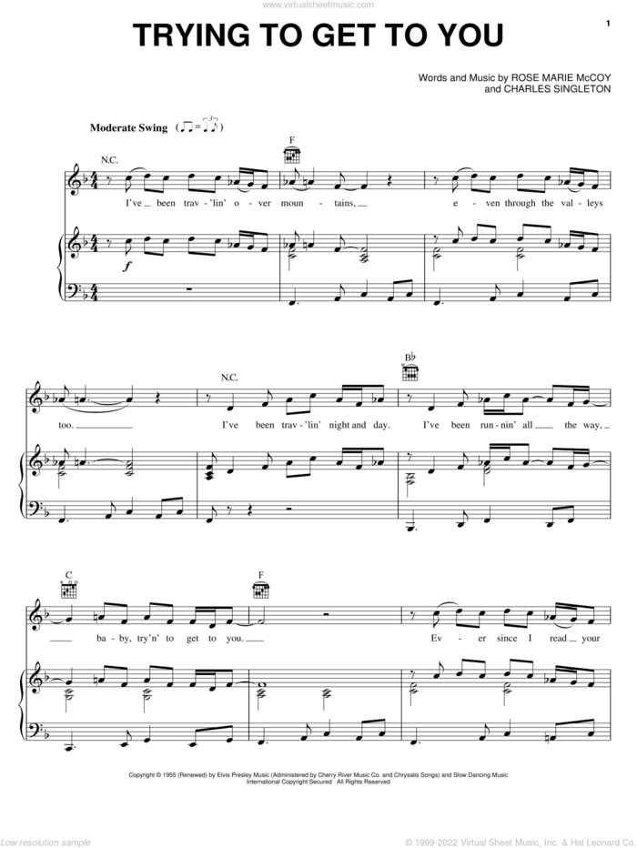 Trying To Get To You sheet music for voice, piano or guitar by Elvis Presley, Charles Singleton and Rose Marie McCoy, intermediate skill level