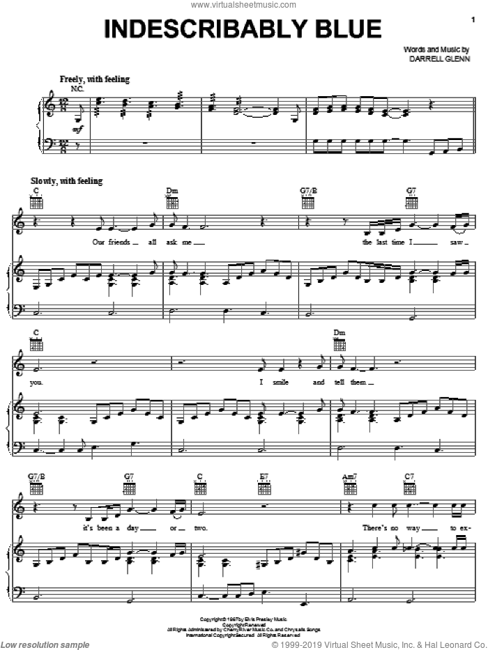 Indescribably Blue sheet music for voice, piano or guitar by Elvis Presley and Darrell Glenn, intermediate skill level