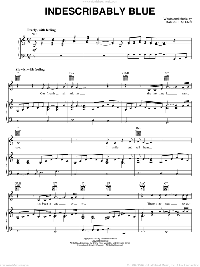 Indescribably Blue sheet music for voice, piano or guitar by Elvis Presley and Darrell Glenn, intermediate skill level