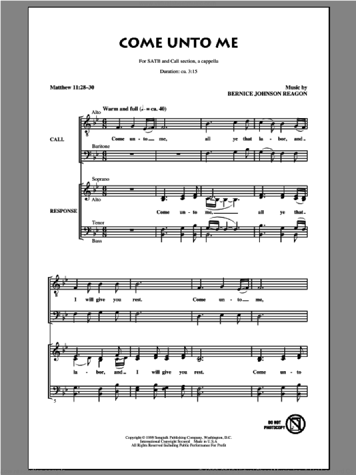 Come Unto Me sheet music for choir (SATB: soprano, alto, tenor, bass) by Sweet Honey In The Rock and Bernice Johnson Reagon, intermediate skill level