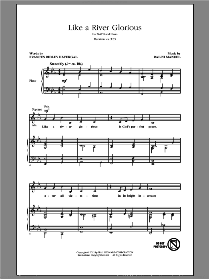 Like A River Glorious sheet music for choir (SATB: soprano, alto, tenor, bass) by Ralph Manuel and Frances Havergal, intermediate skill level