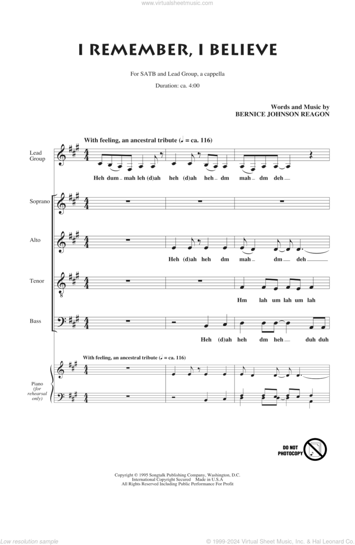 I Remember, I Believe sheet music for choir (SATB: soprano, alto, tenor, bass) by Sweet Honey In The Rock and Bernice Johnson Reagon, intermediate skill level