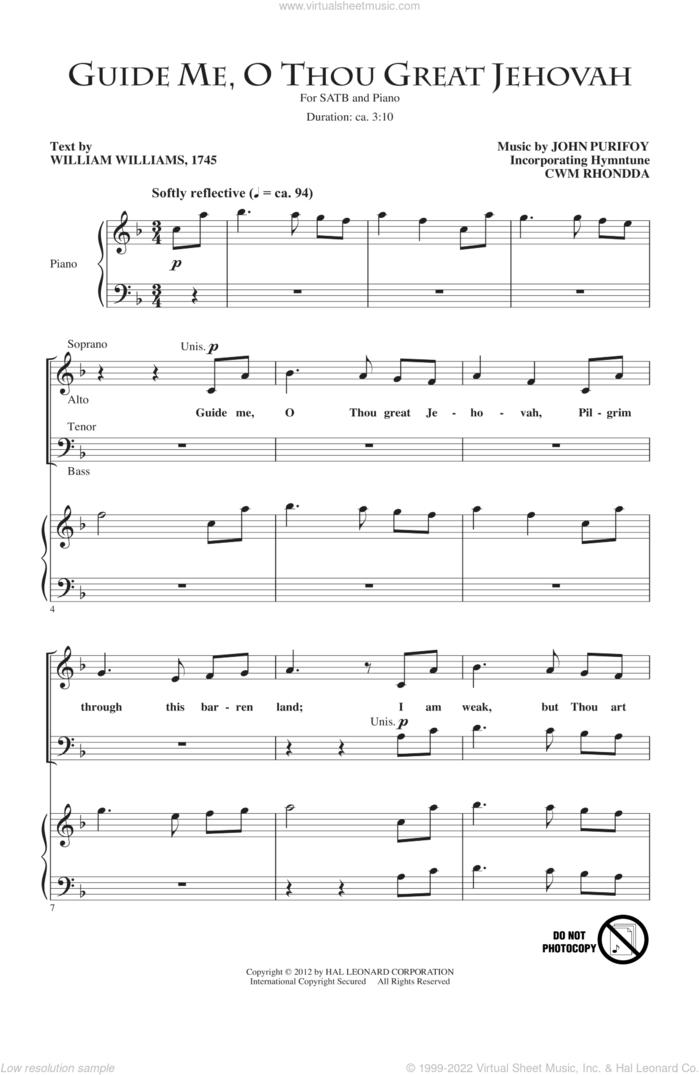 Guide Me, O Thou Great Jehovah sheet music for choir (SATB: soprano, alto, tenor, bass) by John Purifoy and William Williams, intermediate skill level