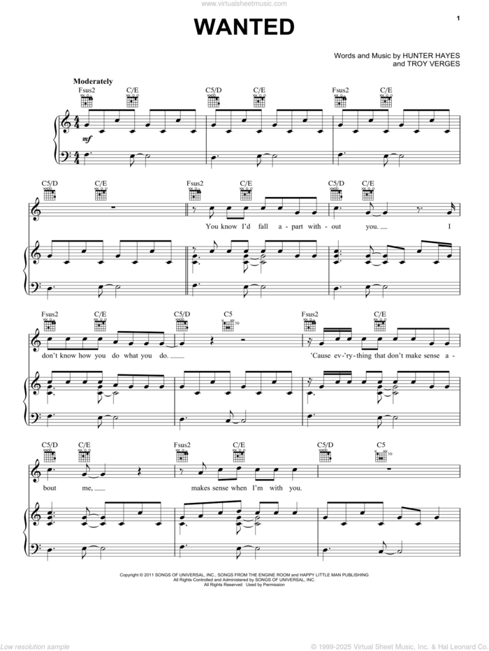 Wanted sheet music for voice, piano or guitar by Hunter Hayes and Troy Verges, intermediate skill level