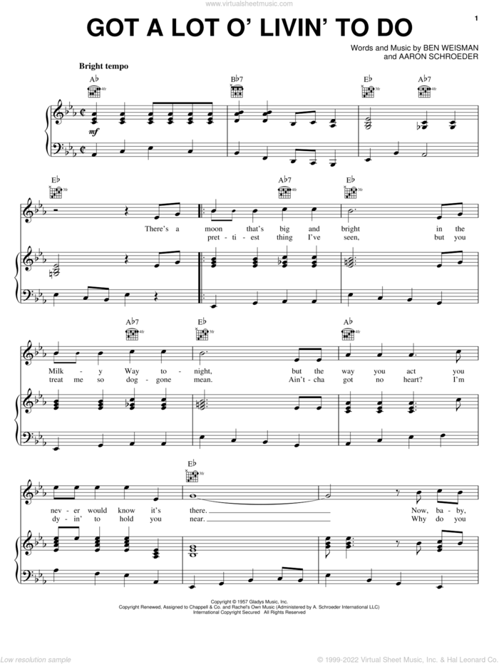 Got A Lot O' Livin' To Do sheet music for voice, piano or guitar by Elvis Presley, Aaron Schroeder and Ben Weisman, intermediate skill level