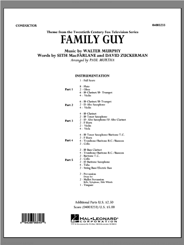 Family Guy (Theme) (COMPLETE) sheet music for concert band by Seth MacFarlane, David Zuckerman and Paul Murtha, intermediate skill level