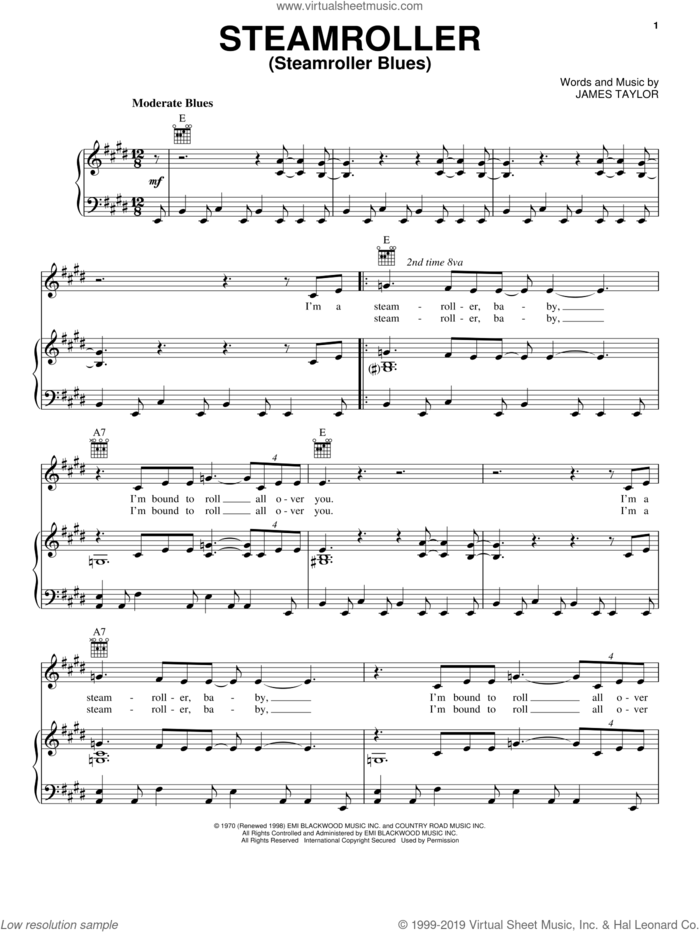 Steamroller (Steamroller Blues) sheet music for voice, piano or guitar by Elvis Presley, Billy Dean and James Taylor, intermediate skill level