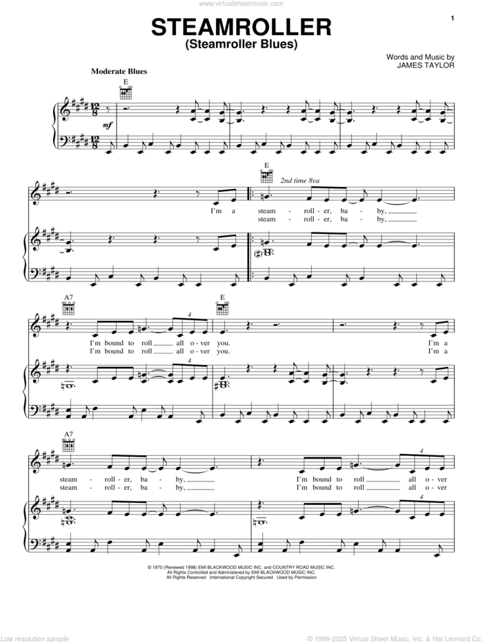 Steamroller (Steamroller Blues) sheet music for voice, piano or guitar by Elvis Presley, Billy Dean and James Taylor, intermediate skill level