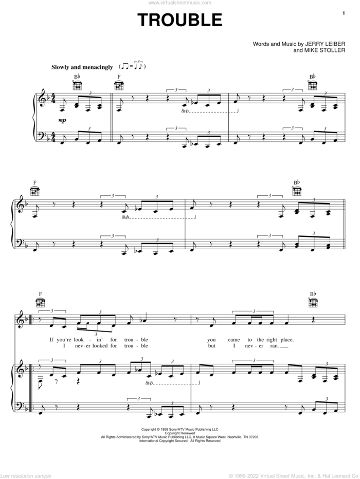 Trouble sheet music for voice, piano or guitar by Elvis Presley, Leiber & Stoller, Jerry Leiber and Mike Stoller, intermediate skill level