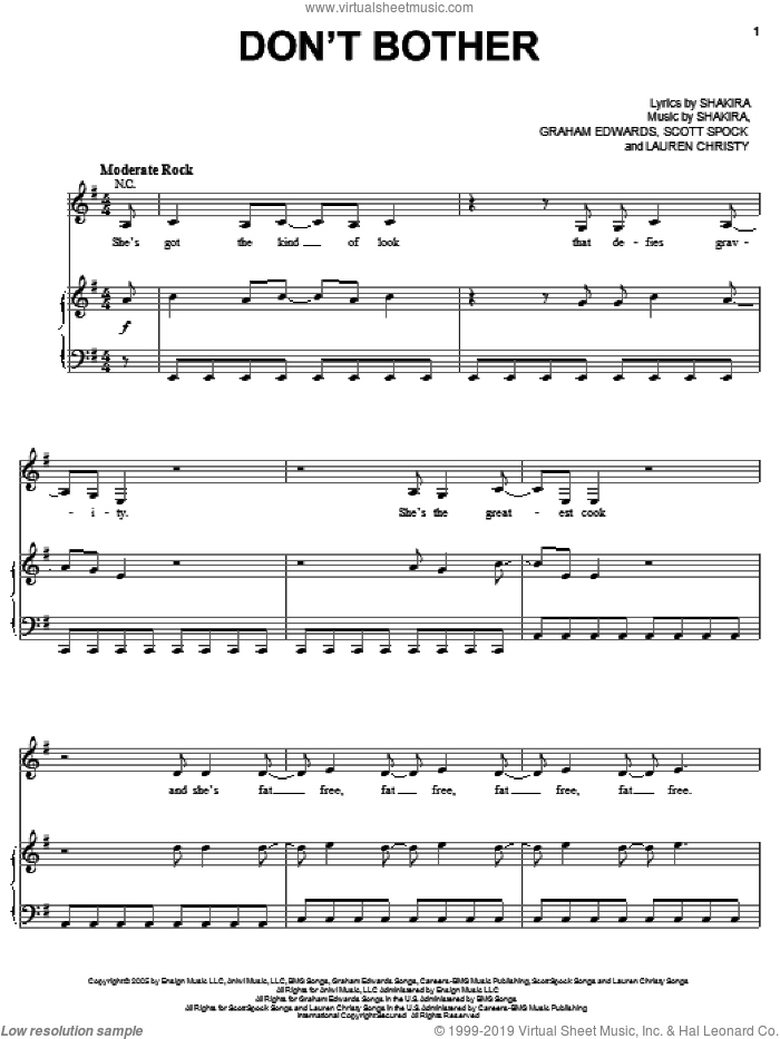 Don't Bother sheet music for voice, piano or guitar by Shakira, Graham Edwards, Lauren Christy and Scott Spock, intermediate skill level