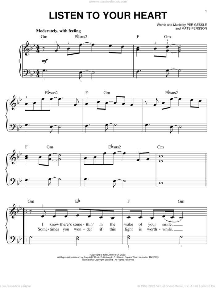 Listen To Your Heart, (easy) sheet music for piano solo by DHT, D.H.T., Roxette, Mats Persson and Per Gessle, wedding score, easy skill level