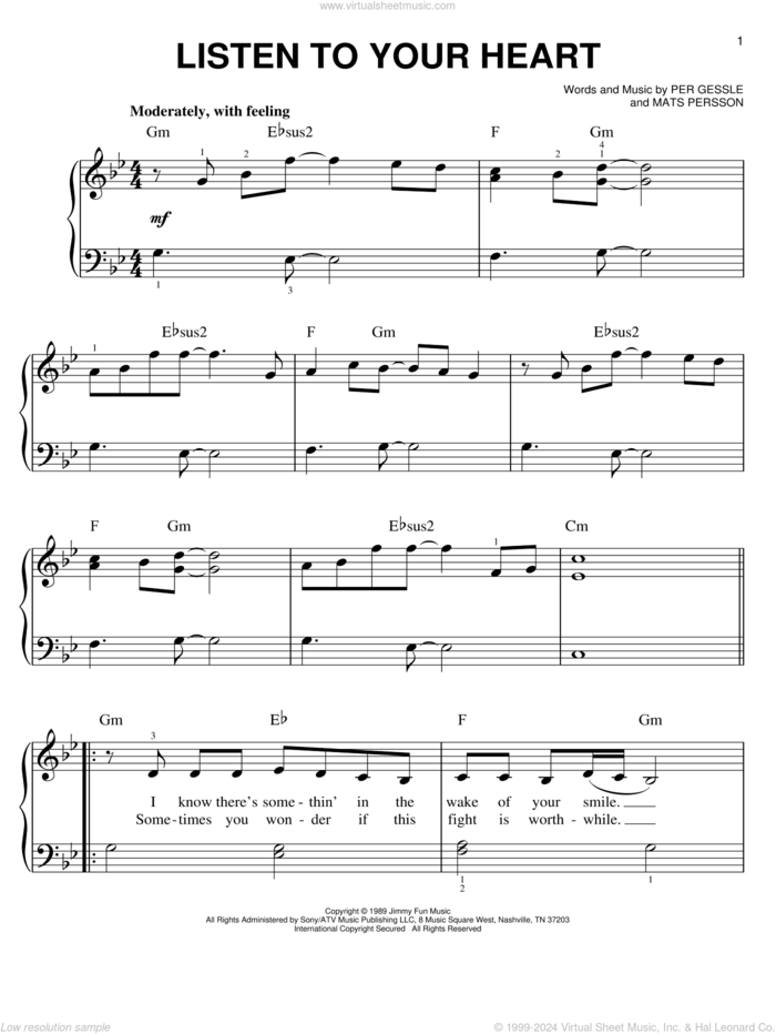 Listen To Your Heart sheet music for piano solo by DHT, D.H.T., Roxette, Mats Persson and Per Gessle, wedding score, easy skill level