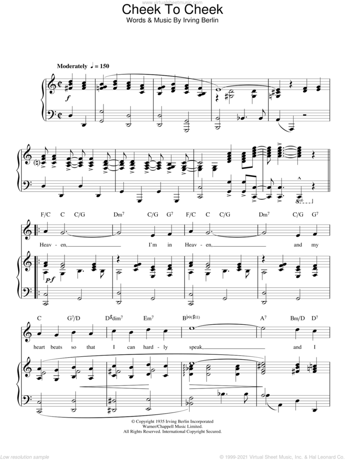 Cheek To Cheek sheet music for voice, piano or guitar by Top Hat Cast and Irving Berlin, intermediate skill level